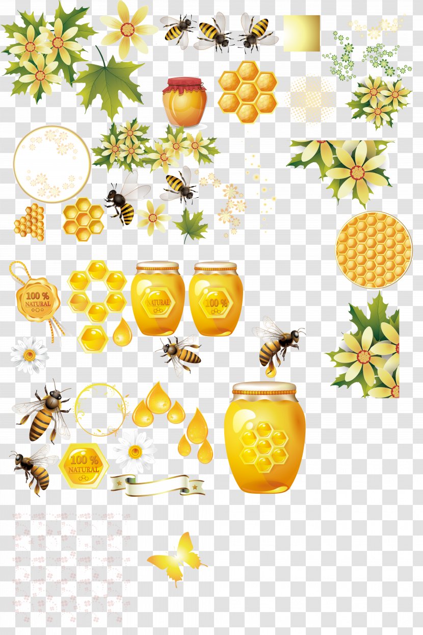 Honey Bee Honeycomb - Floral Design - Decoration Transparent PNG