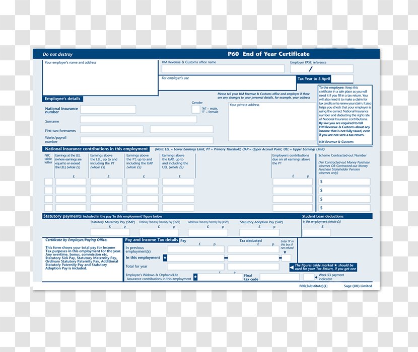 P60 Form Tax Paycheck Payroll - Irs Forms - Multi-purpose Transparent PNG