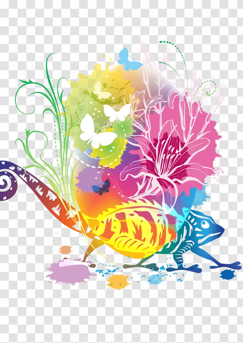 Chameleons Illustration - Floral Design - Chameleon Free Download Transparent PNG