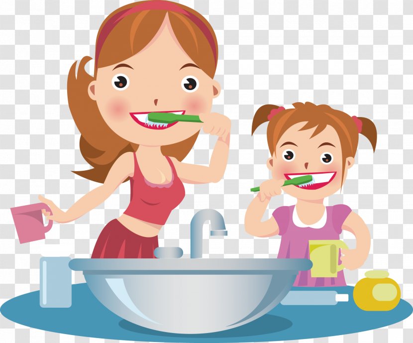 Tooth Brushing Dentistry Cartoon Toothbrush - Human - Mother And Daughter Brush Your Teeth Transparent PNG