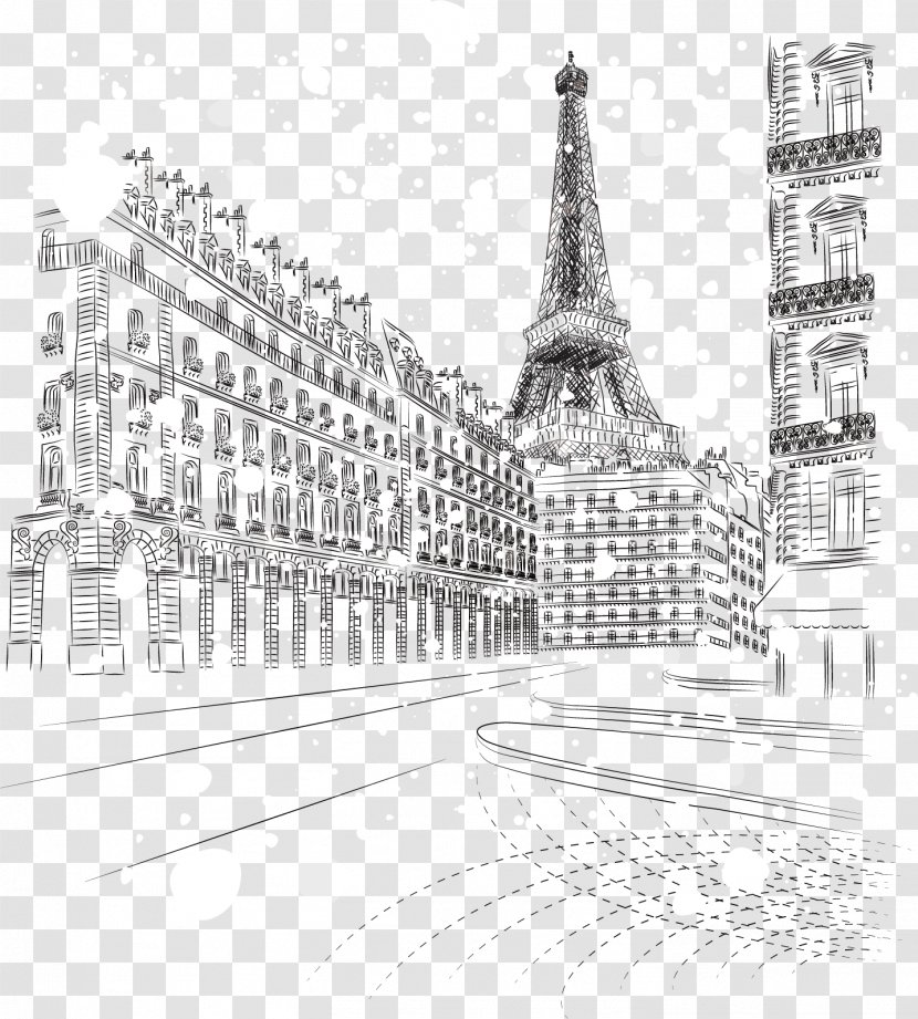 Eiffel Tower Snow Winter Drawing Sketch - Black And White - City Transparent PNG