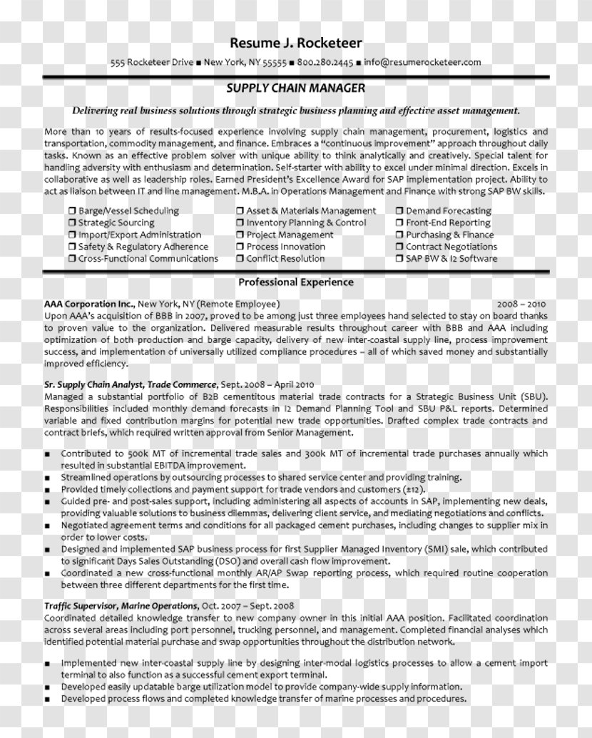 Résumé Supply Chain Management Job Description Logistics - Paper - Business Card Template Transparent PNG