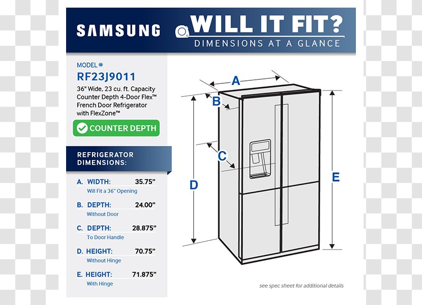 Samsung RS22HDHPN 22 Cu. Ft. Counter Depth Side-By-Side Refrigerator RF23HCEDB Cubic Foot - Door Transparent PNG
