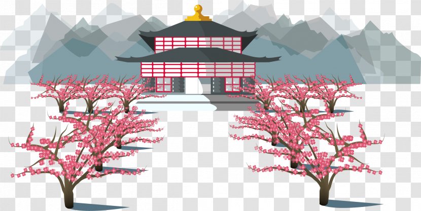 Japanese Architecture Around - Flower - Vector Hand-painted Transparent PNG