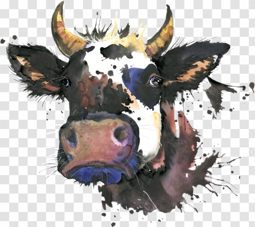 Holstein Friesian Cattle Angus Dairy Watercolor Painting Image - Horn Transparent PNG
