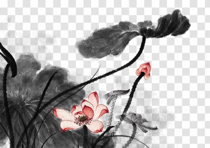 Ink Wash Painting Shan Shui Chinoiserie - Red - Lotus Transparent PNG