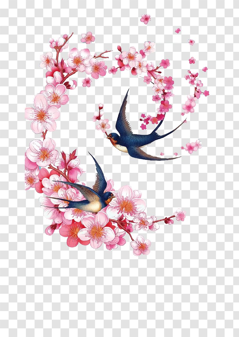 Chinoiserie Illustration - Watercolor Painting - Hand-painted Peach And Swallow Transparent PNG