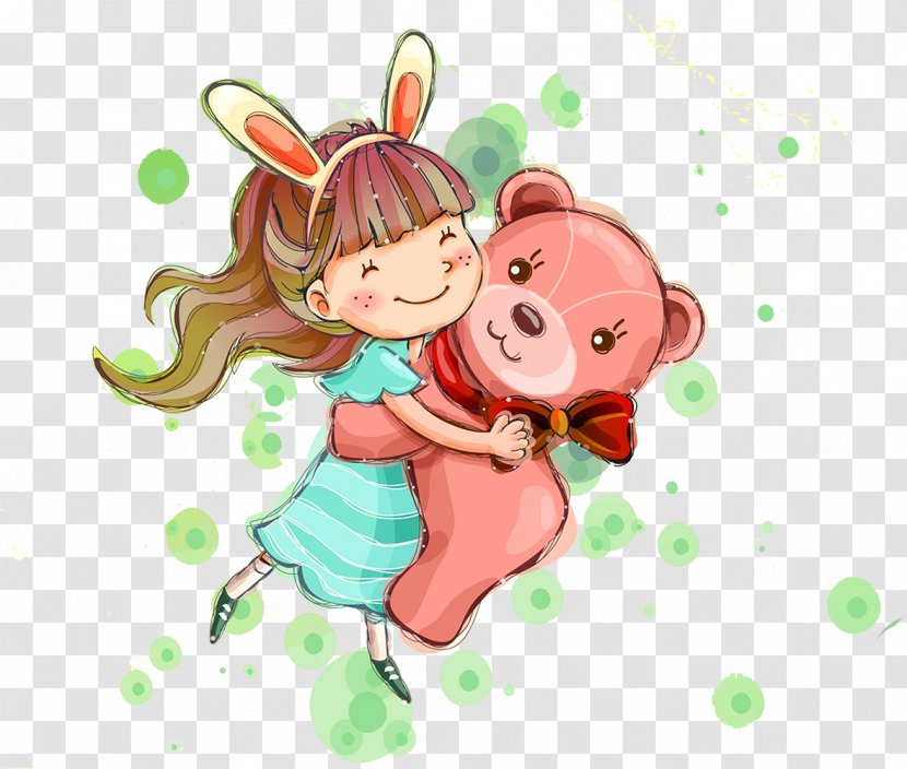 Doll Cartoon Child - Watercolor - Little Beauty And Bear Transparent PNG