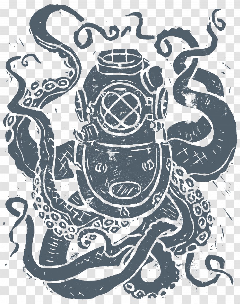 Underwater Diving Helmet Drawing Clip Art Visual Arts - Linocut - Wetsuit Transparent PNG
