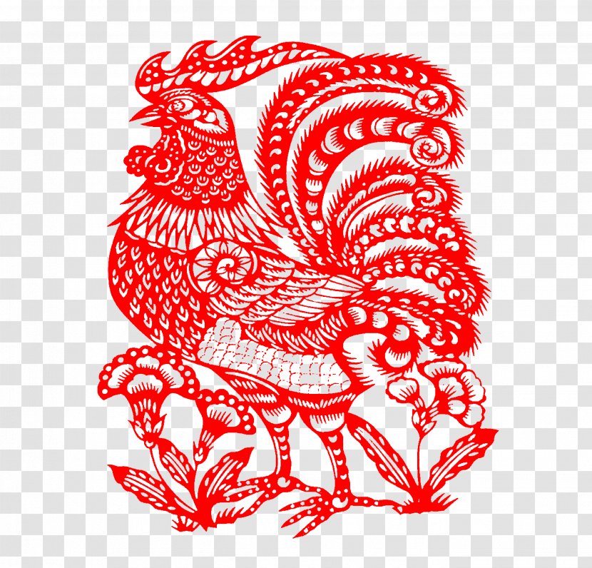 China Chinese Zodiac New Year Rooster Astrology - Flower - Red Golden Chicken Cut Paper Transparent PNG