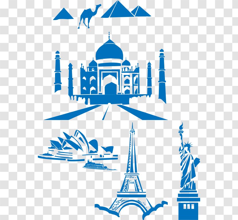 Eiffel Tower Statue Of Liberty Taj Mahal Clip Art - Black And White - Landmarks Transparent PNG