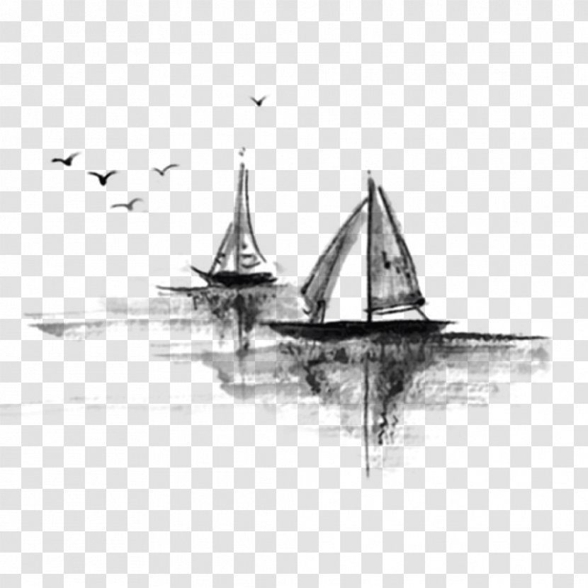 Ink Wash Painting Brush Watercolor Landscape - Black And White - Free Boat To Pull The Material Transparent PNG