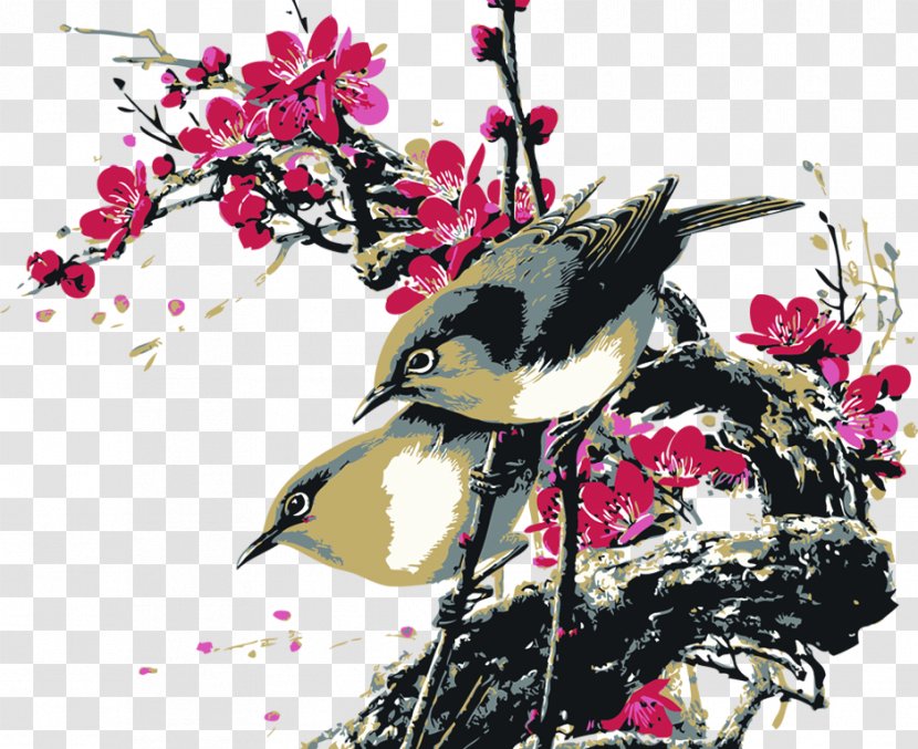 Chinese Painting Bird-and-flower Landscape Watercolor - Japanese - Sparrow Painted On Branches Transparent PNG