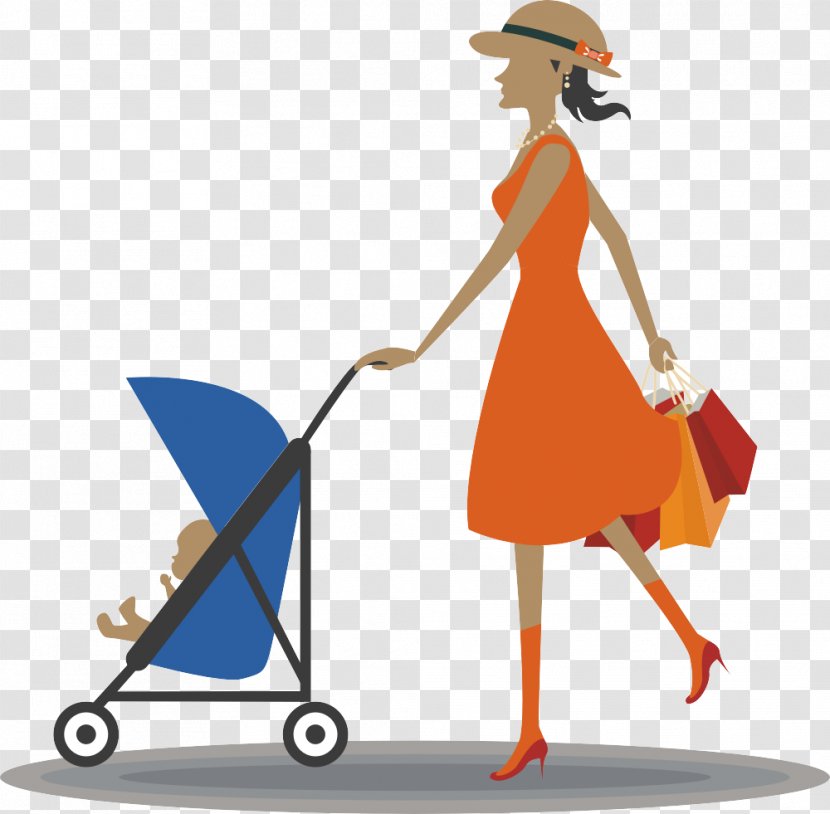 Drawing Infant - Fashion Woman Pushing Stroller Transparent PNG
