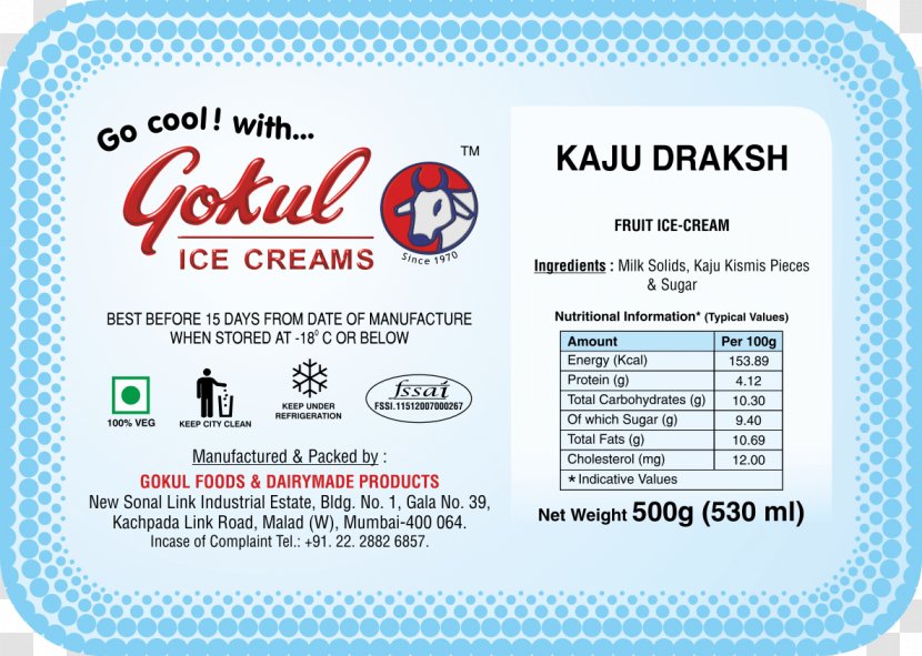 Gokul Ice Creams Milk Nutrition Facts Label Food - Natural Cream - Kaju Kismis Transparent PNG