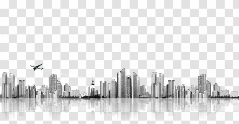 Airplane Black And White Download - Cityscape - Creative City Transparent PNG