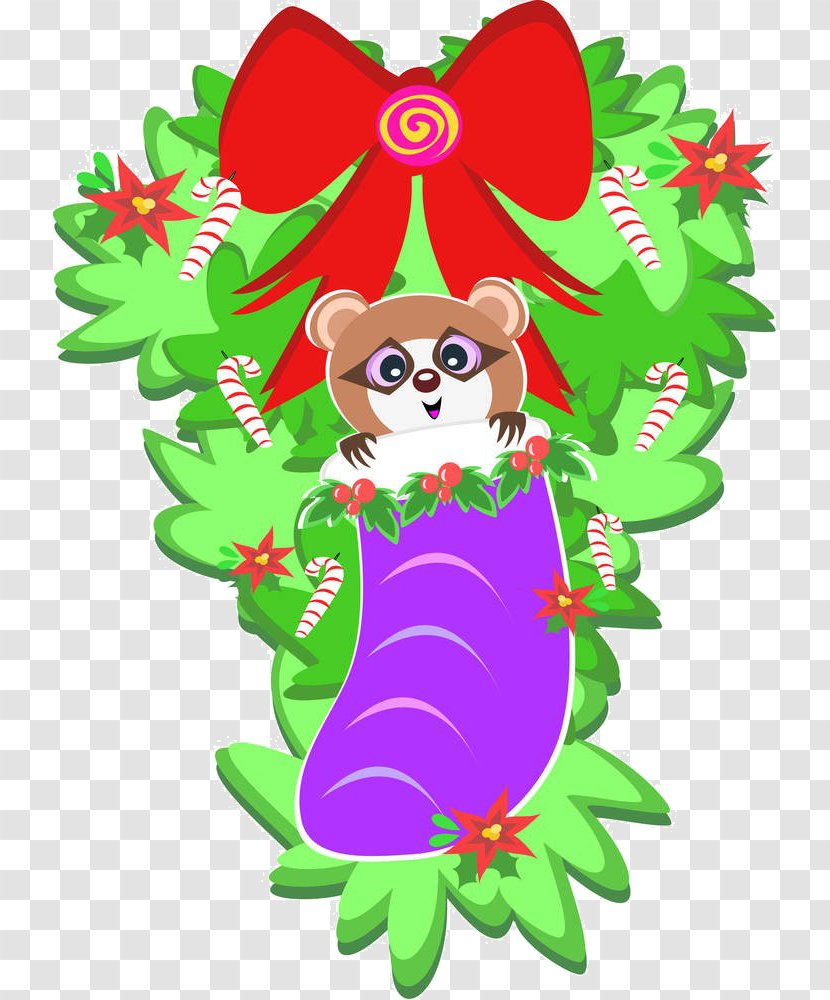 Raccoon Candy Cane Christmas Stocking Royalty-free Clip Art - Plant - Cartoon Flower Cat Transparent PNG