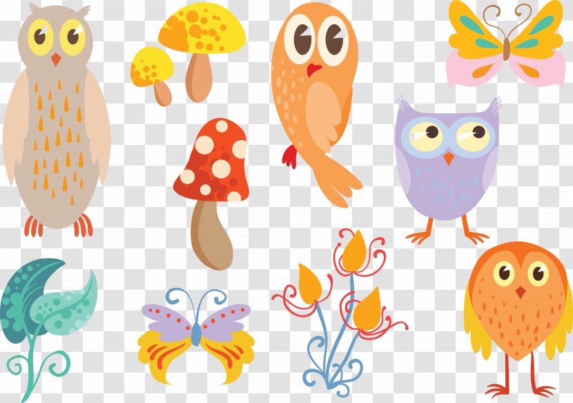 Owl Euclidean Vector Insect Clip Art - Bird Of Prey - Magic Forest Mushroom Insects Transparent PNG