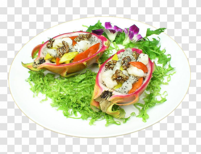 Fried Prawn Fruit Salad Sushi Vegetarian Cuisine Hors Doeuvre - Frying - Pitaya Peach Shrimp Balls Transparent PNG
