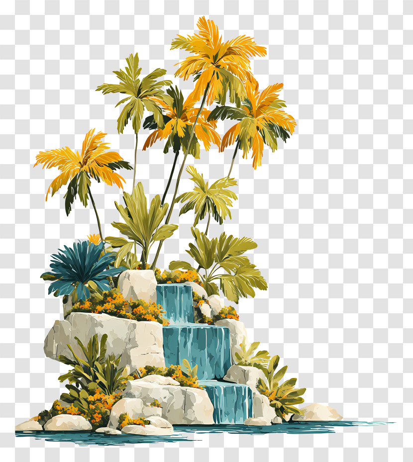 Tropical Waterfall - Tropical Palm Trees With Waterfall Transparent PNG
