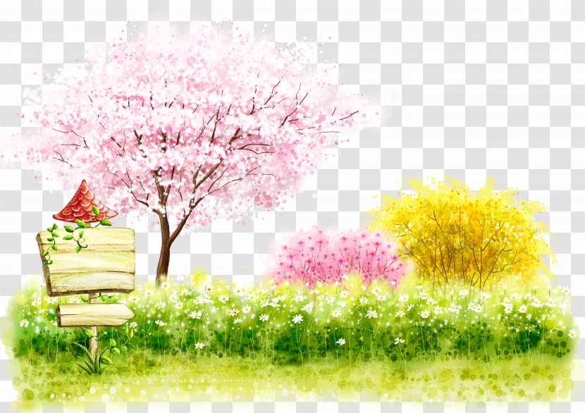 Cartoon Cherry Blossom Illustration - Flora - Vibrant Grass Transparent PNG