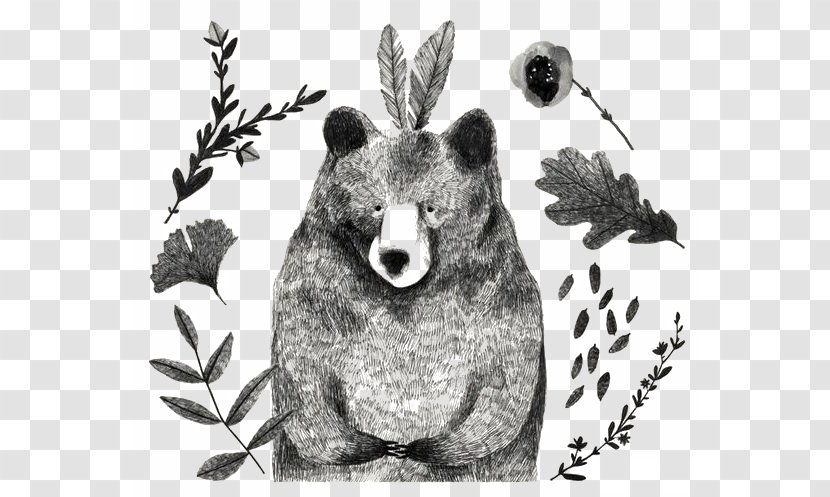 Bear Drawing Black And White - Frame - Hand-painted Transparent PNG