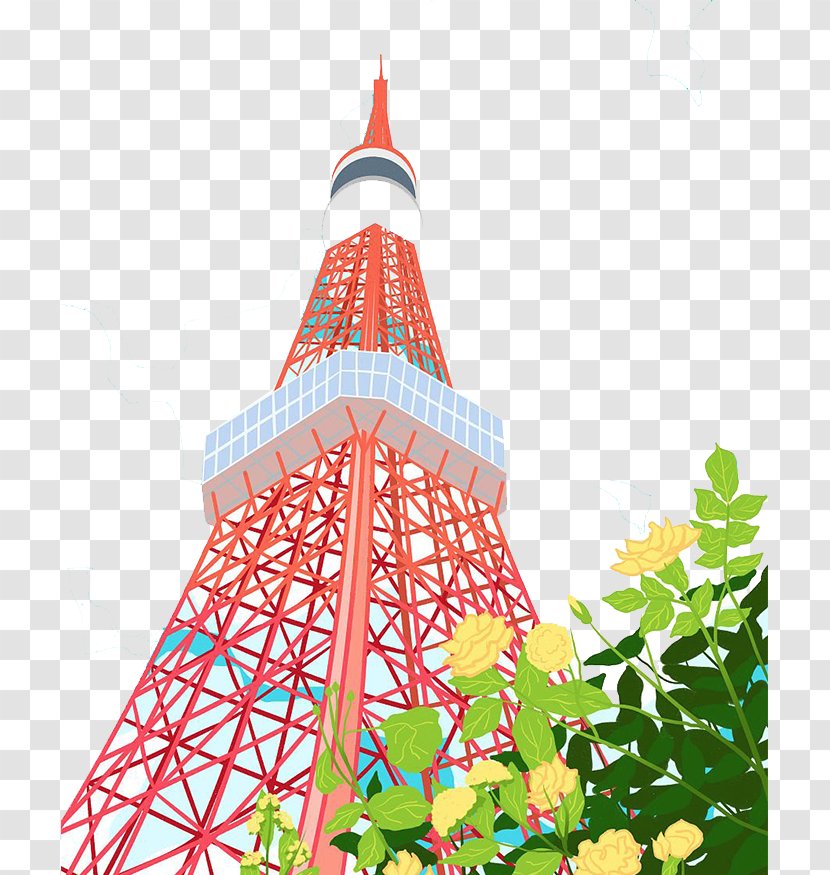 Tokyo Tower Illustration - Scalable Vector Graphics - Red Surrounded By Flowers Transparent PNG