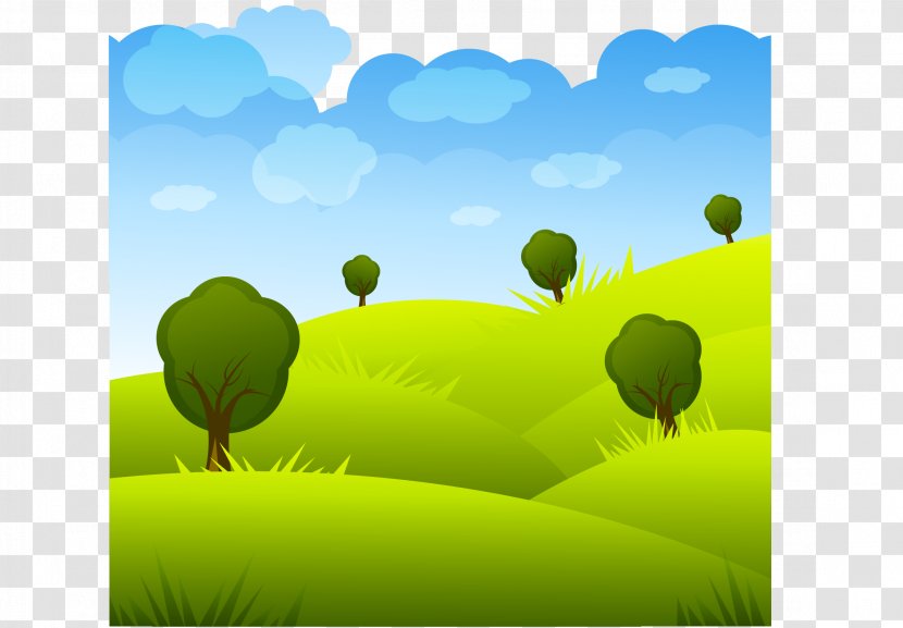 Natural Landscape Cartoon Illustration - Vector Green Grass And White Clouds Transparent PNG