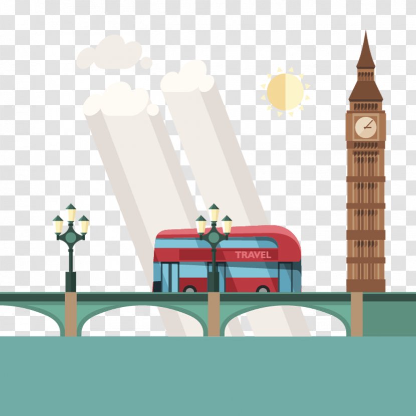 London Flat Design Illustration - Architecture - Double Decker Bus On The Bridge Transparent PNG