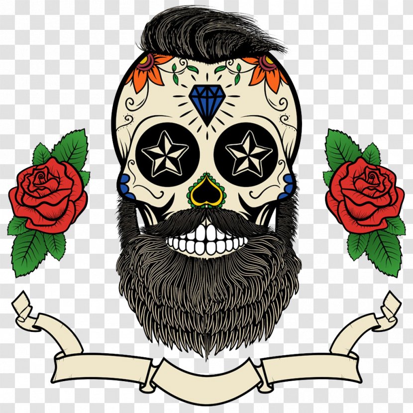 Calavera Beard Skull Day Of The Dead - Tattoo Design Picture Transparent PNG