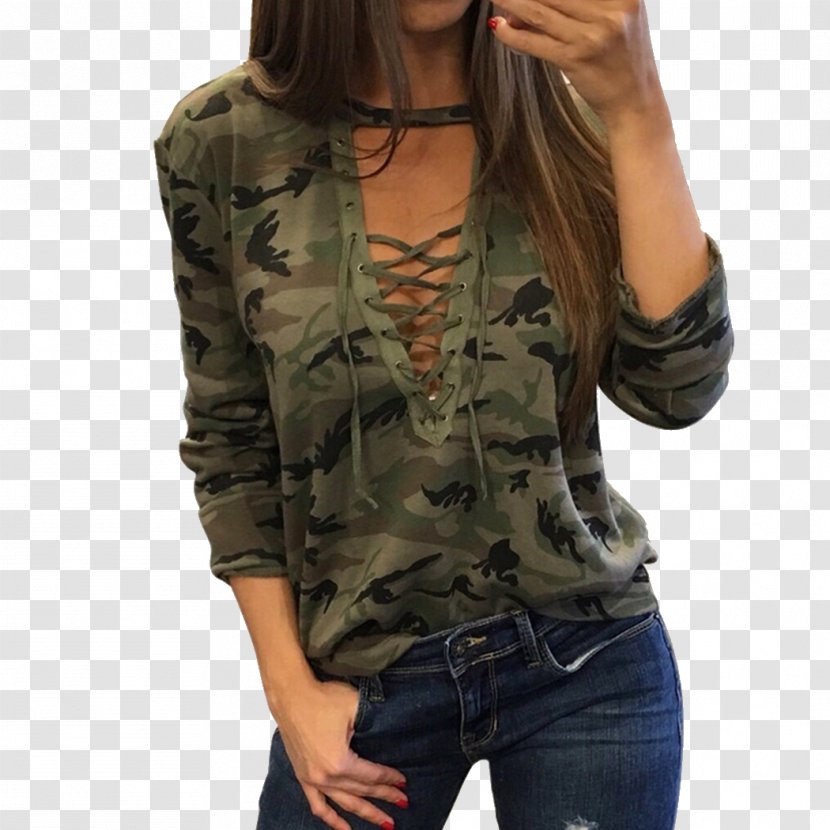 T-shirt Top Blouse Neckline - Camouflage Transparent PNG