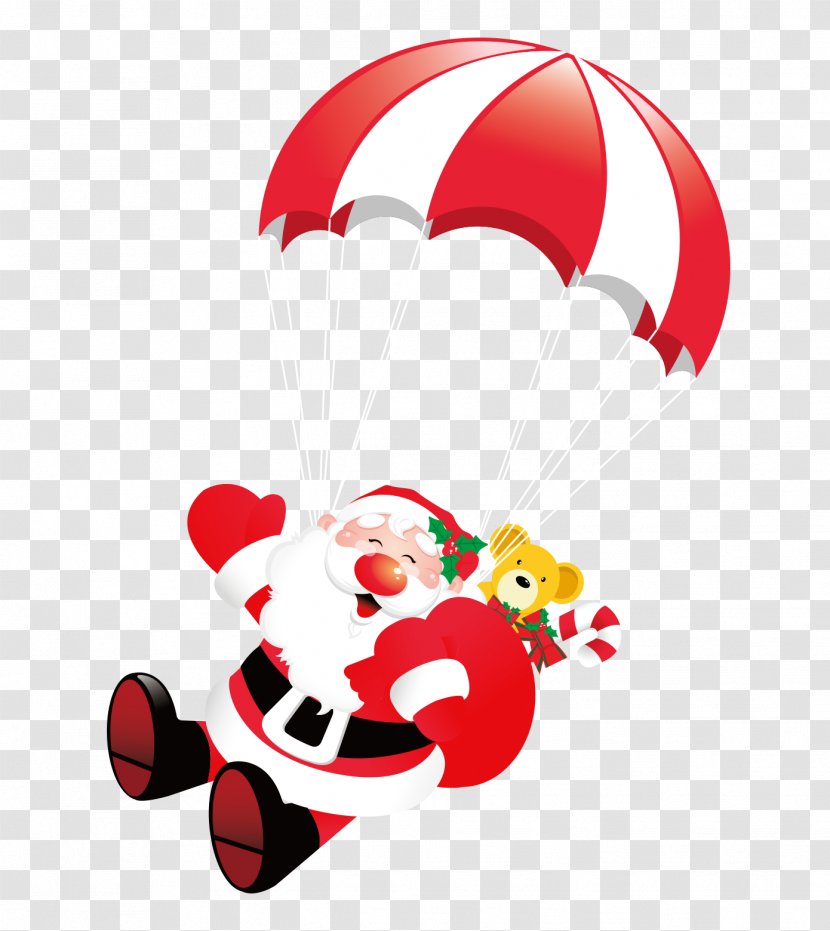 Santa Claus Flight Christmas Clip Art - Parachuting - Bailed Out With A Gift On His Back Transparent PNG