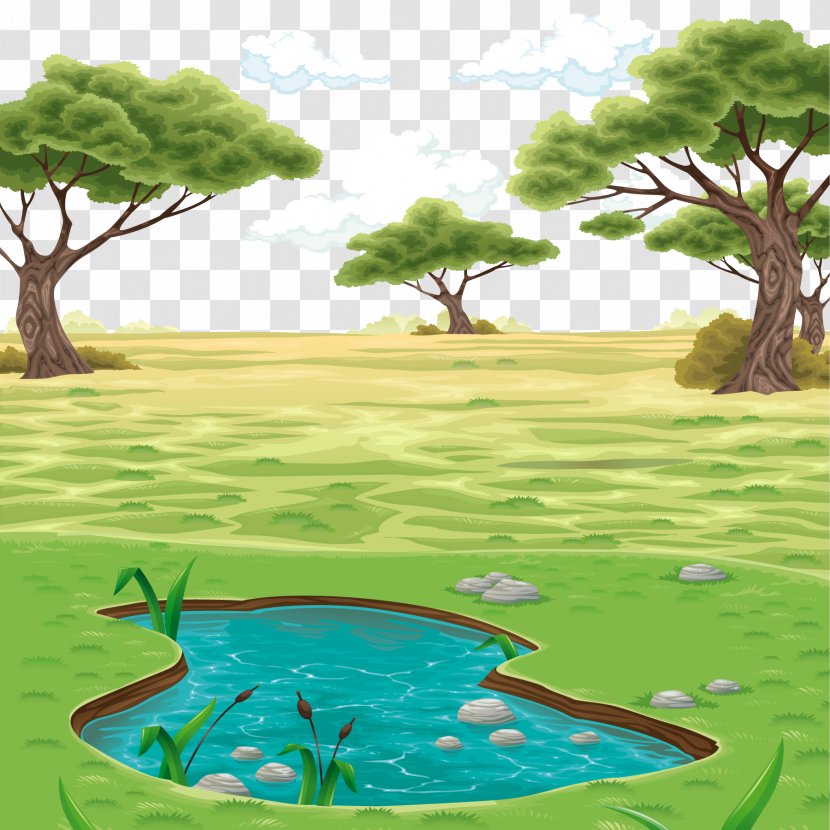 Landscape Drawing Clip Art - Meadow - Vector Colored Pond Background Transparent PNG