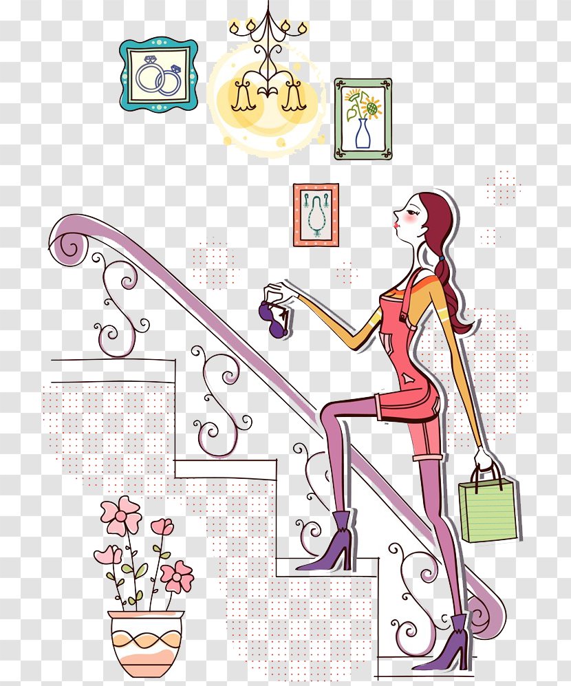 Shopping Fashion Woman - Cartoon On Stairs Transparent PNG