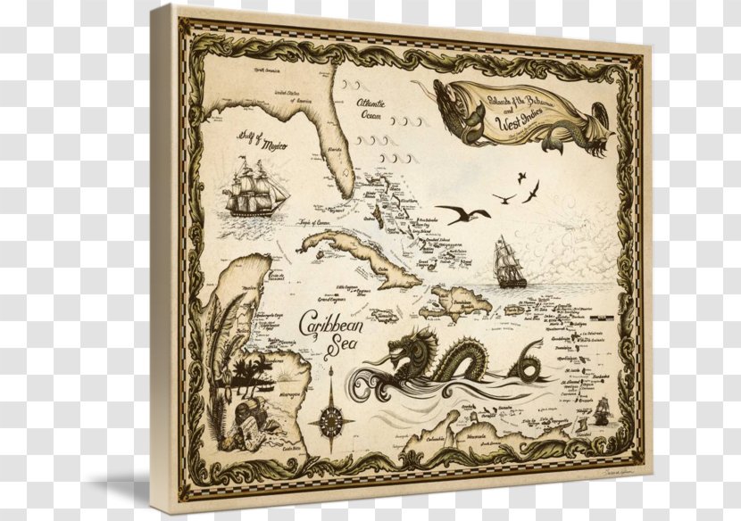 West Indies Treasure Map Caribbean Nautical Chart - Picture Frame Transparent PNG