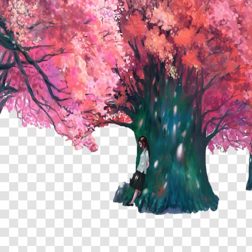 Cherry Blossom Comics Illustration - Cartoon - Romantic Hand-painted Trees Buckle Free Material Transparent PNG