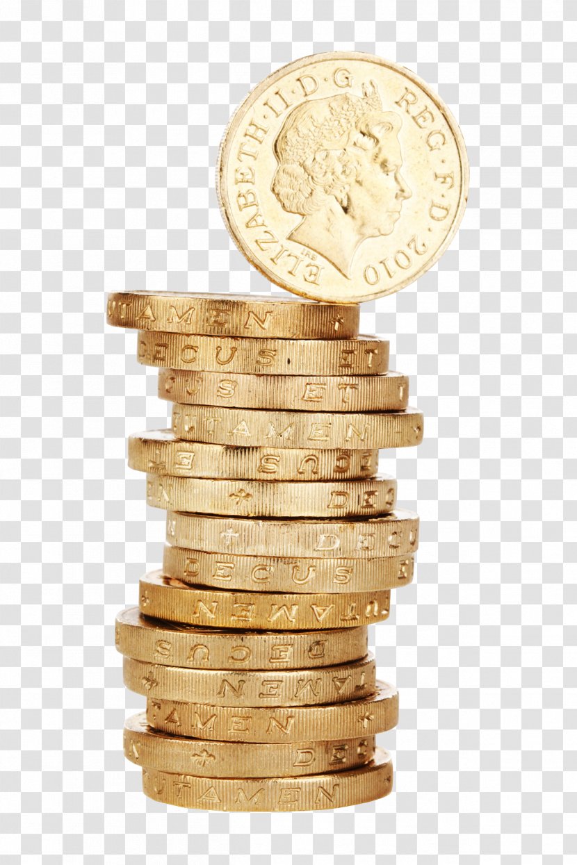 Gold Coin Money One Pound Sterling - Legal Tender - Golden Coins Stack Transparent PNG