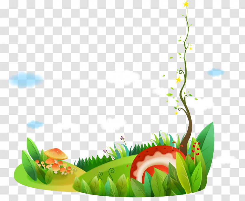Drawing Adobe Illustrator Cartoon - Painted Vine Tree Green Grass And Flowers Transparent PNG