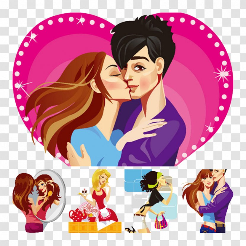Kiss Illustration - Cartoon - Couple Kissing Men And Women Creative Hand-painted Transparent PNG