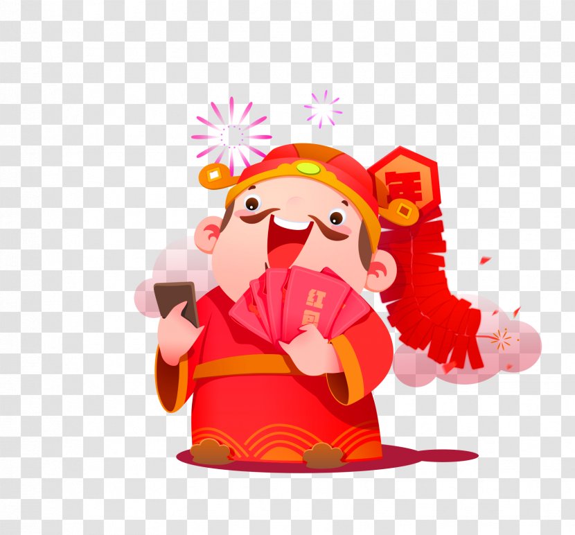 Chinese New Year Red Envelope Firecracker - Cartoon God Of Wealth Decoration Pattern Transparent PNG