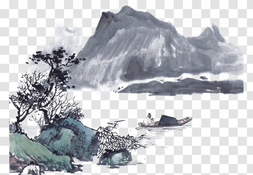 Ink Wash Painting Brush - Shan Shui - And Blue With Green Boat Transparent PNG
