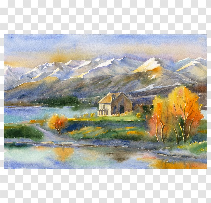 Watercolor Painting Lake Tekapo Church Of The Good Shepherd Landscape Transparent PNG