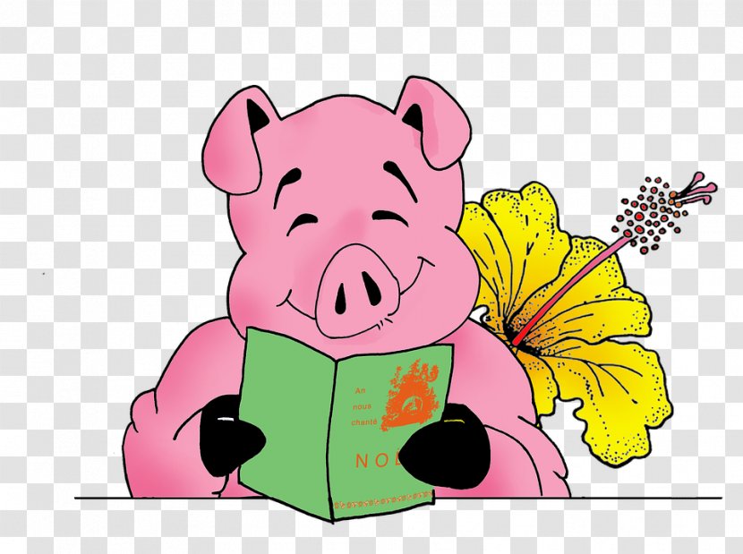 Domestic Pig Christmas Illustration - Cartoon - Pink Boar Excitedly Reading Transparent PNG