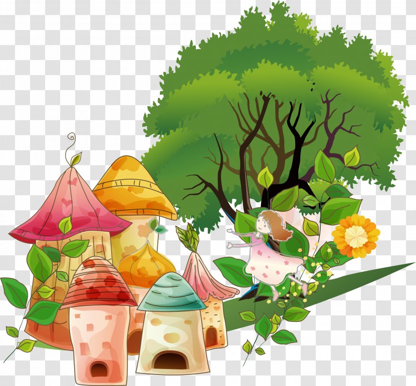 Tree Cartoon Drawing - Dessin Animxe9 - Vector Cute Elf House Plant Trees Transparent PNG