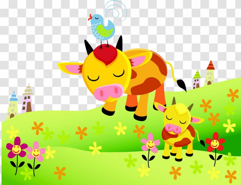 Cattle Cartoon Illustration - Grass - Cow On The Lawn Transparent PNG