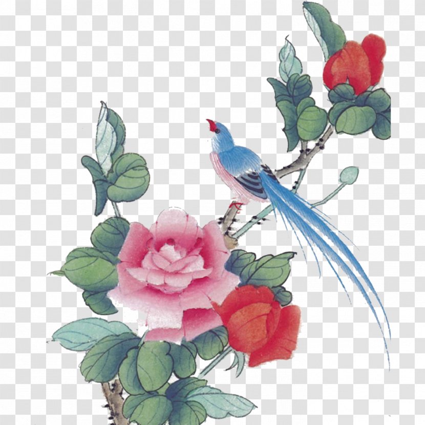 Chinese Painting Bird-and-flower Ink Wash - Garden Roses - Birds And Flowers Transparent PNG