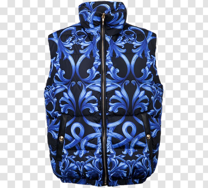 Vest Waistcoat Versace Zipper - Cobalt Blue - Collar Floral Print Velvet Transparent PNG