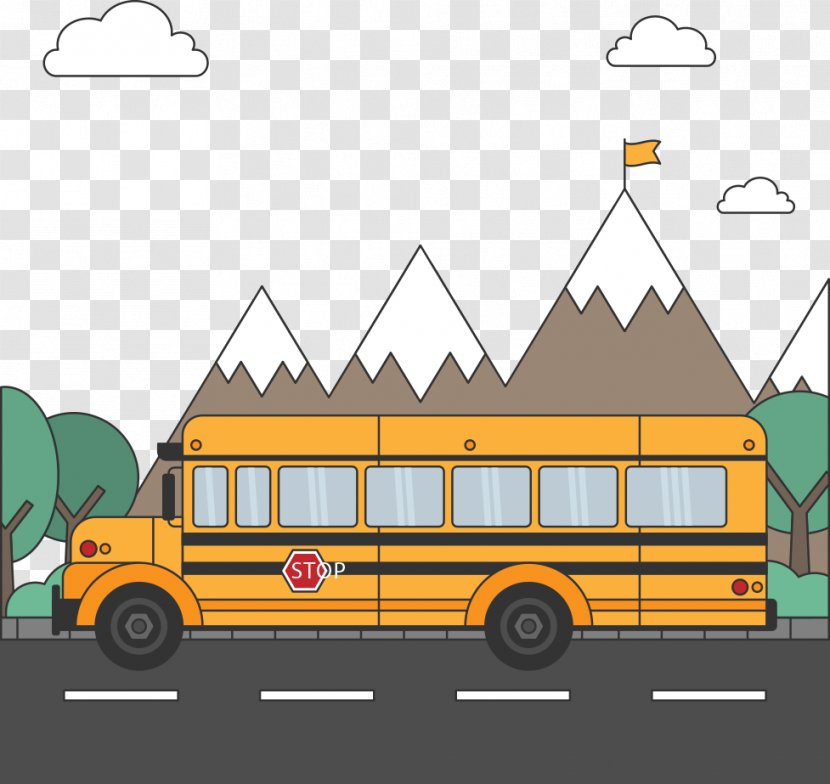 School Bus Illustration - Car - Vector And Hills Transparent PNG