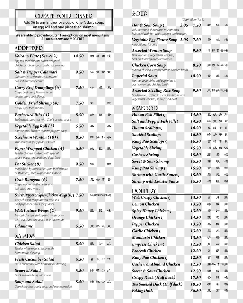 Wu's Fine Chinese Cuisine General Tso's Chicken Restaurant Food - Black And White - Asian Menu Transparent PNG