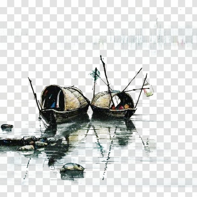 Watercolor Painting Chinese Ink Wash Work Of Art - Small Fishing River Transparent PNG